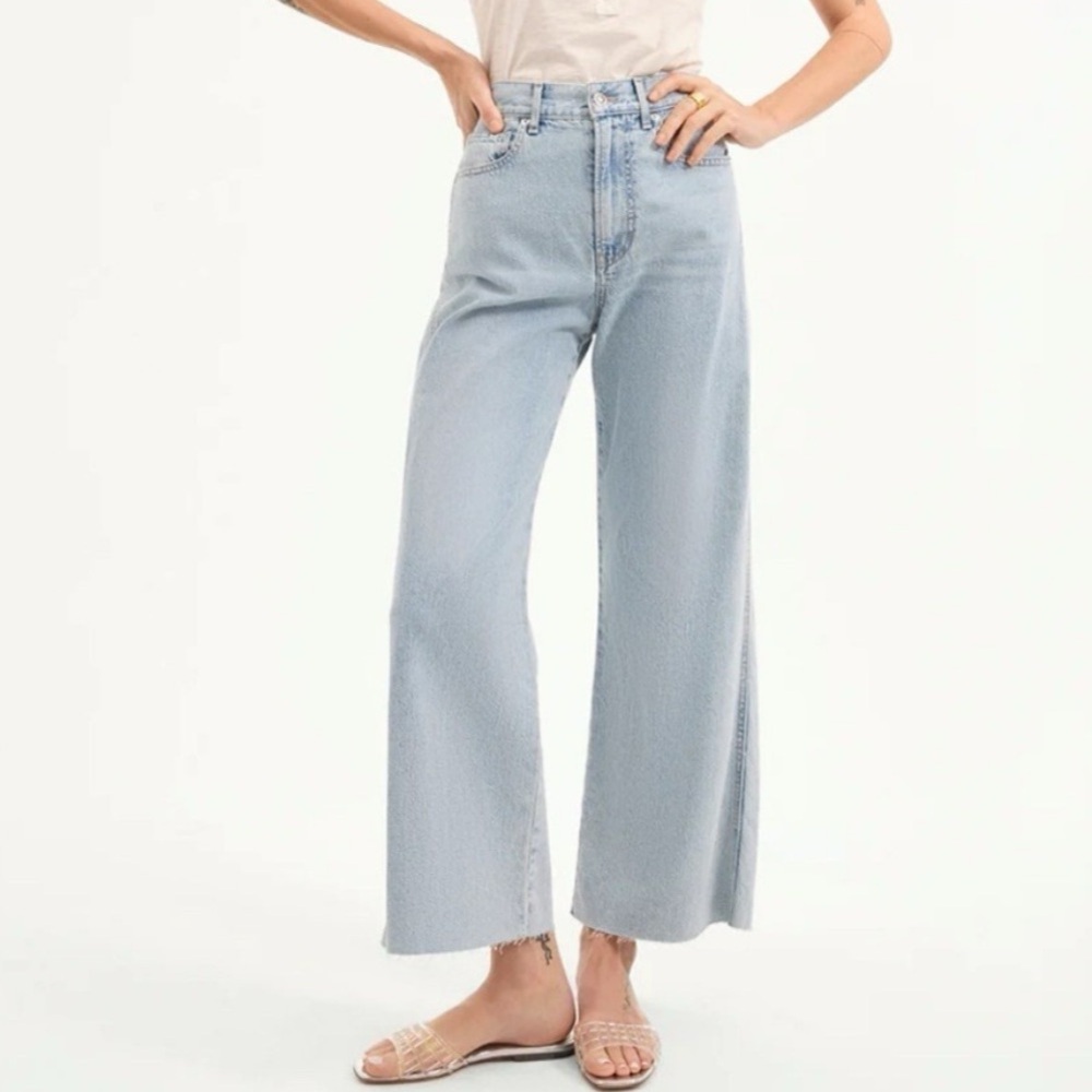 Veronica Beard Taylor Cropped Wide Leg High Waist Raw Hem Jean Pale Stone 27‎